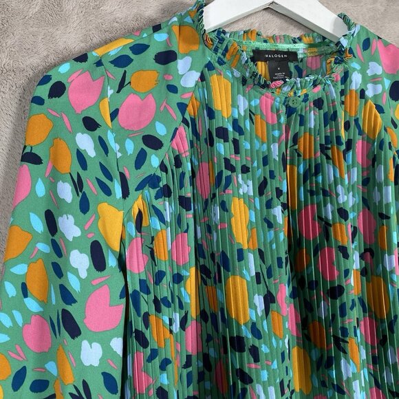 Halogen Pleated Long Sleeve Blouse S Colorful Abstract Floral Print Ruffle Neck - Picture 4 of 11